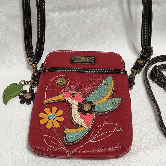 Chala Handbags - Chala Red Leather Crossbody Bag with Hummingbird Applique